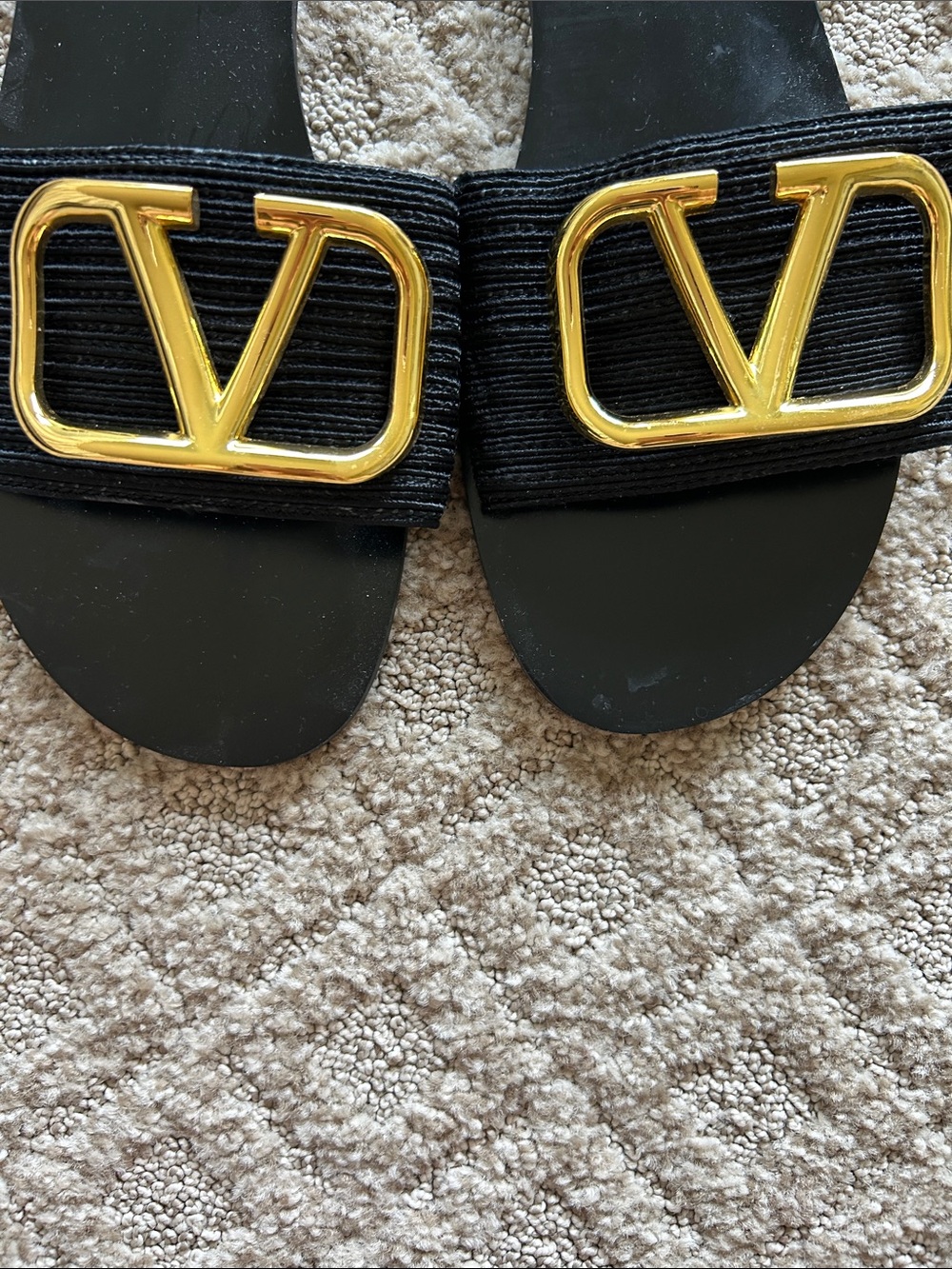 V logo Inspired Black Slide Sandals with Gold Logo Accent. Worn twice. Like new
